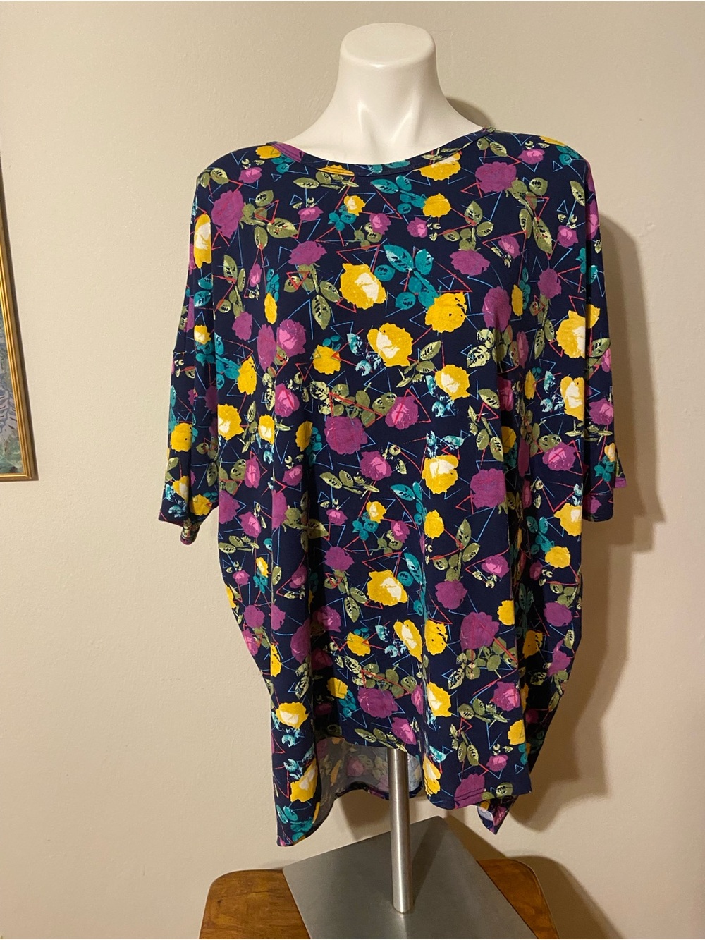 LuLaRoe Irma Navy Floral Tunic with Yellow & Purple Blooms